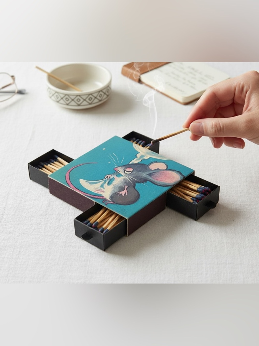 Vintage Illustrated Matchbox with Pull-Out Drawers Pickled‎ Mouse Art 4” Square